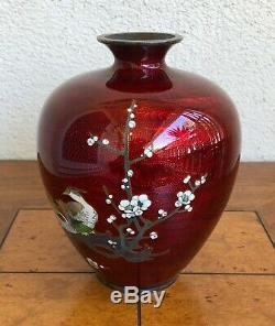 Rare Antique Japanese Ginbari Enamel Red Cloisonne Ovoid Form Vase. 19th C