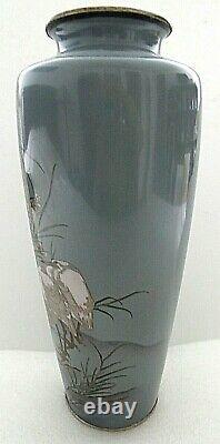 Rare Antique Japanese Meiji Cloisonne Enamel Gray Crane Signed 12 Large Vase