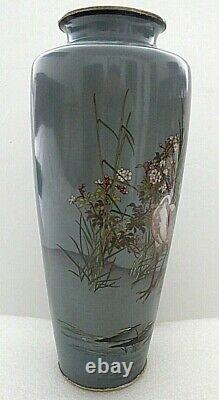 Rare Antique Japanese Meiji Cloisonne Enamel Gray Crane Signed 12 Large Vase