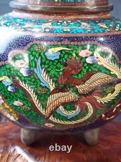 Rare Antique Japanese Meiji Period Covered Tripod footed Cloisonne Enamel Jar