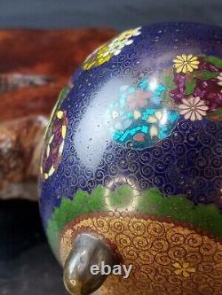 Rare Antique Japanese Meiji Period Covered Tripod footed Cloisonne Enamel Jar