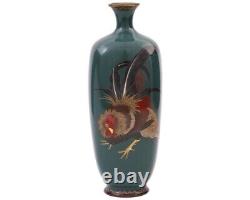 Rare Forest Green Silver Wire Japanese Cloisonne Enamel Rooster Vase
