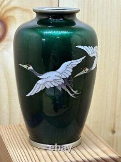 Rare Green Cloisonné CRANE BIRD Pattern Vase 4.8 Japan Beautiful