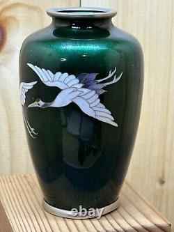 Rare Green Cloisonné CRANE BIRD Pattern Vase 4.8 Japan Beautiful
