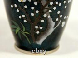 Rare Japanese Akasuke Emerald Green Foil Cloisonne Vase with Dogwoods (7.5 H)