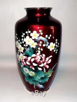 Rare Japanese Ando Cloisonne Pigeon Blood Red Vase with Original Box and Papers
