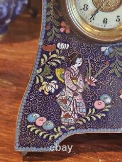 Rare Japanese Cloisonne Clock Ginbari Geisha Uranium Glass Face