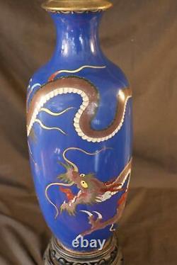 Rare Oriental Antique JAPANESE MEIJI BRONZE CLOISONNE DOUBLE DRAGON VASE / lamp