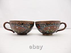 Rare Pair Copper Japanese Cloisonne Cup and Saucer Plate Gold Stone Meiji Enamel