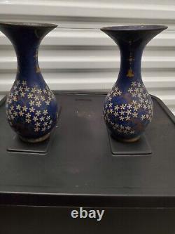 Rare Pair Late Edo / Early Meiji Japanese Cloisonne Vases Flowers & Geometric