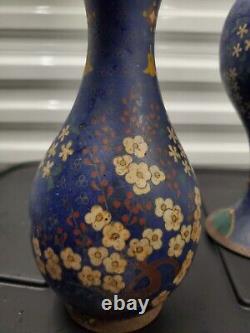 Rare Pair Late Edo / Early Meiji Japanese Cloisonne Vases Flowers & Geometric
