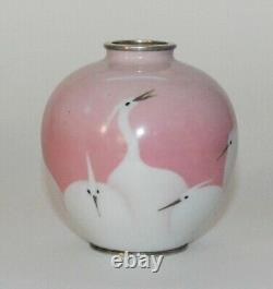 Rare Pink Japanese Cloisonne Enamel Vase of a Group of Cranes Pictured In Book