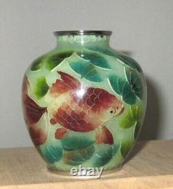 Rare Plique a Jour Japanese Cloisonné Enamel Vase With Koi 3 3/4 Excellent