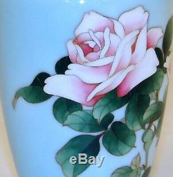 Rare Signed Ando Jubei Japanese Cloisonne Celadon Pink Roses Vase STUNNING