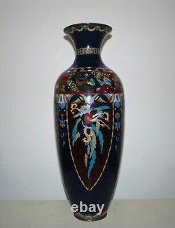 SPECTACULAR 21 Japanese Cloisonne Vase Cobalt Blue with Phoenix Birds