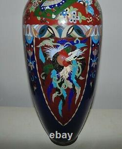 SPECTACULAR 21 Japanese Cloisonne Vase Cobalt Blue with Phoenix Birds