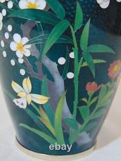 Sato Green Blue Foil Silver Cloisonne Vase Flowers Cherry Blossoms 7 1/4 Mums