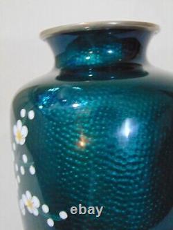 Sato Green Blue Foil Silver Cloisonne Vase Flowers Cherry Blossoms 7 1/4 Mums
