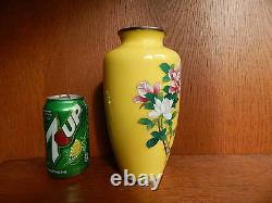 Sato Japan Cloisonne Vase Yellow & Flower Roses Large 8 1/2 inches Tall Japanese