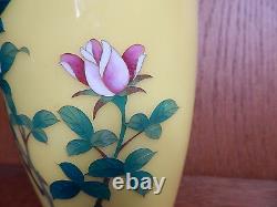 Sato Japan Cloisonne Vase Yellow & Flower Roses Large 8 1/2 inches Tall Japanese