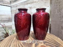 Set 2 Japanese Akasuke Gimbari Cloisonne Vase Meiji Era Pigeon Blood Enamel Vase