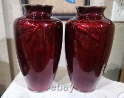 Set 2 Japanese Akasuke Gimbari Cloisonne Vase Meiji Era Pigeon Blood Enamel Vase