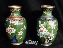 Set Of Small Japanese Cloisonne Vases Flowers Green 4 (1473)