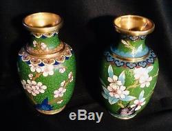 Set Of Small Japanese Cloisonne Vases Flowers Green 4 (1473)