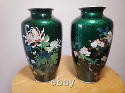 Set of 2 Sato GINBARI Vase Cloisonne Made in JAPAN Vintage Green 7