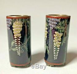 Signed 19th C Meiji Japanese Cloisonne Miniature Vases Pair Wisteria Design