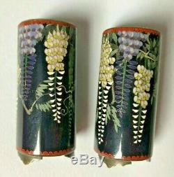 Signed 19th C Meiji Japanese Cloisonne Miniature Vases Pair Wisteria Design