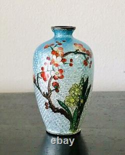 Signed 3.5 Inches Tall Japanese Meiji Peroid Cloisonne Ginbari Plum Blossom Vase