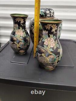 Signed Ming Mark Set of 3 Japanese Cloisonne Vase Pair & Jar, Birds & Flowers