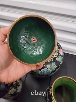 Signed Ming Mark Set of 3 Japanese Cloisonne Vase Pair & Jar, Birds & Flowers
