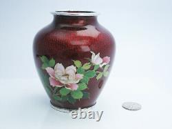 Silver Japanese Cloisonne Shippo Glass Enamel Red Floral Flower Vase Japan 85mm