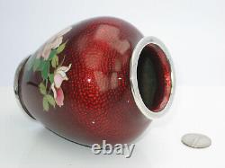 Silver Japanese Cloisonne Shippo Glass Enamel Red Floral Flower Vase Japan 85mm
