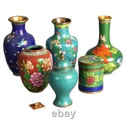 Six Miniature Antique Japanese Meiji Cloisonne Enameled Flower Vases C1920