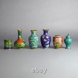 Six Miniature Antique Japanese Meiji Cloisonne Enameled Flower Vases C1920