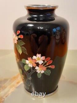 Small Antique Japanese Black Cloisonne Vase 3 1/2 H Marked Japan Cloisonne
