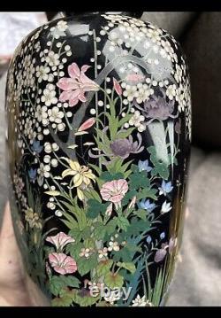 Stunning Quality Japanese Meiji cloisonne vase black ground 18.7cm Leaves Flora