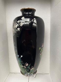 Stunning Quality Japanese Meiji cloisonne vase black ground 18.7cm Leaves Flora
