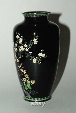 Superb Japanese Cloisonne Enamel Vase with a Bird in a Cherry Tree