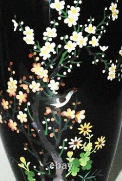 Superb Japanese Cloisonne Enamel Vase with a Bird in a Cherry Tree