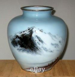 Superb Japanese Wire/Wireless Cloisonne Enamel Vase with Mt. Fuji Signed Tamura