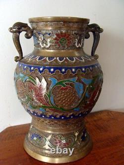 Superb Vintage Cloisonne Champleve, Large Brass Vase Dragon Birds Floral Design
