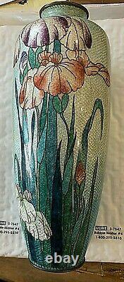 Tall Antique Meiji Japanese Foil Cloisonne Vase. Irises. 12h, 4.5w
