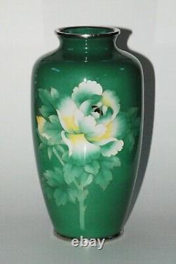 Tall & Impressive Japanese Cloisonne Enamel Vase of a Bright White & Yellow Rose