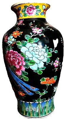 Tall Meiji Japanese Vase With Pheasant And Flowers