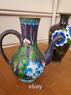 Teapot & Vase Meiji Ginbari Japanese Cloisonne Enamel Butterfly & Flower Floral