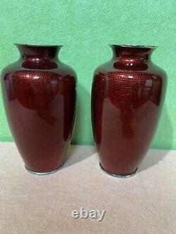 Two Vintage Japanese Cloisonne Vases Sato Era Red Pigeon Blood Cloisonne Vases